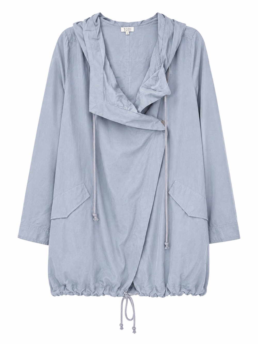 TOBI Hooded Waterfall Jacket Light Blue Asymmetrical Zip Drawstring Hem S/P 💙